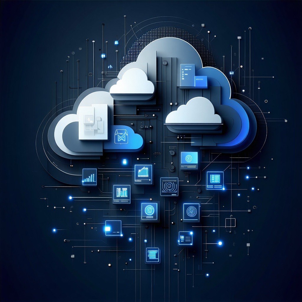 Abstract digital illustration showing backend cloud optimization and scalable infrastructure Use a dark hightech style Geniums dark navy black charcoal with sharp geometric shapes modular blocks and subtle motion lines Highlight flow between cloud no-1