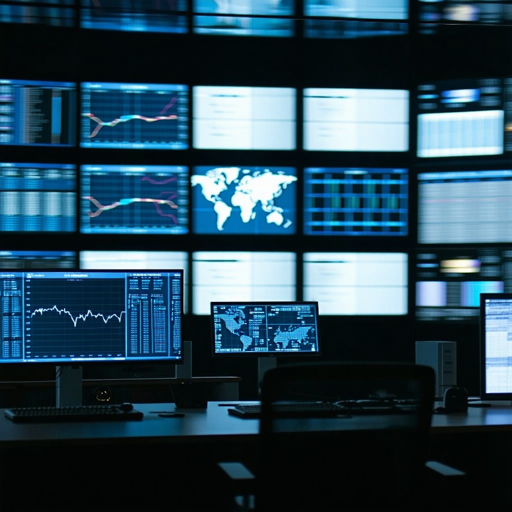 Closeup photoreal image of a highend cybersecurity control room Multiple large screens showing blurred dashboards charts or secure system data Screens glow with white and blue light Dark environment with reflections and tech textures No people Style