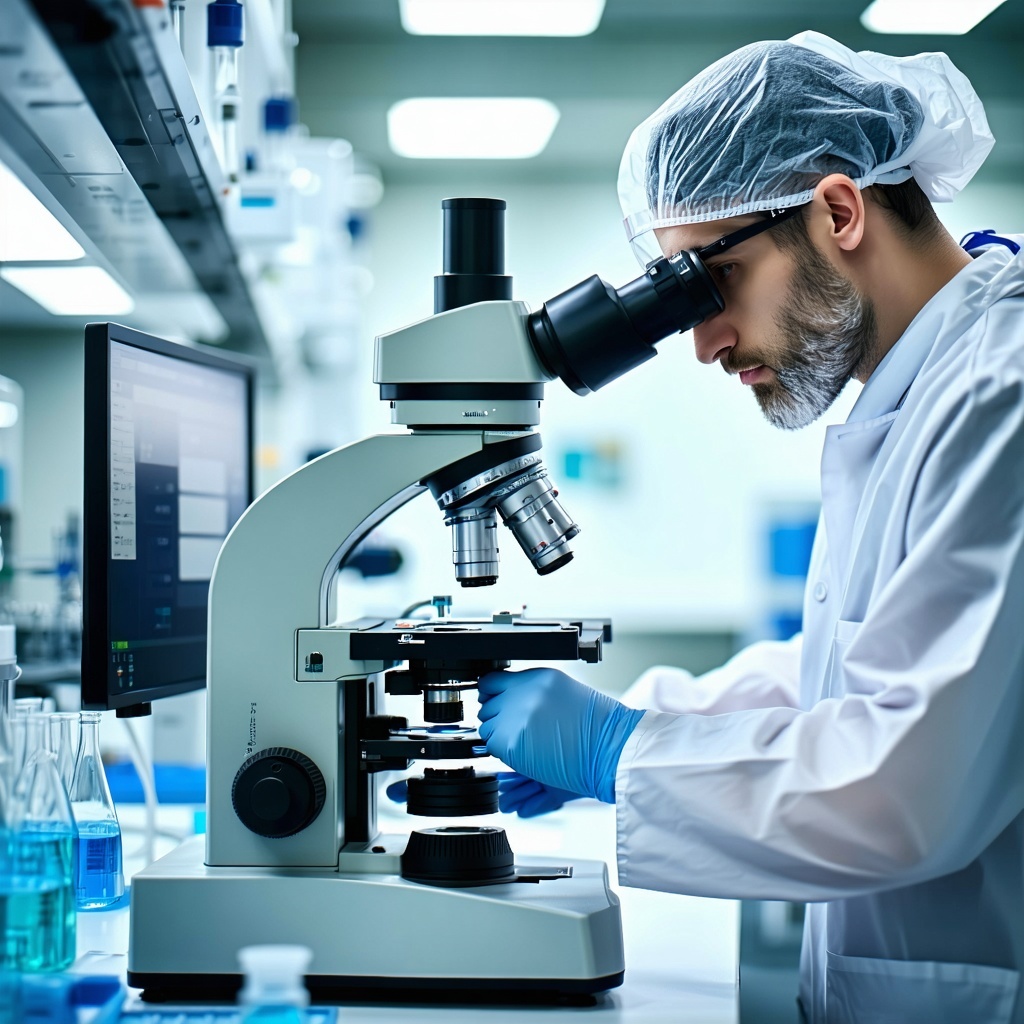 Create a realistic professional photo of a medical researcher or doctor in a modern hospital lab closely examining a sample under a highend microscope The scene should feel authentic with realworld lab equipment microscopes lab glassware monitors neu
